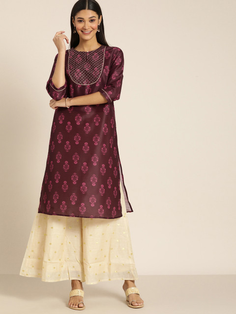 

all aboout you Women Maroon & Prink Printed Straight Kurta