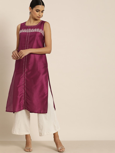 

all about you Women Fuchsia Pink Ethnic Motifs Embroidered Thread Work Kurta