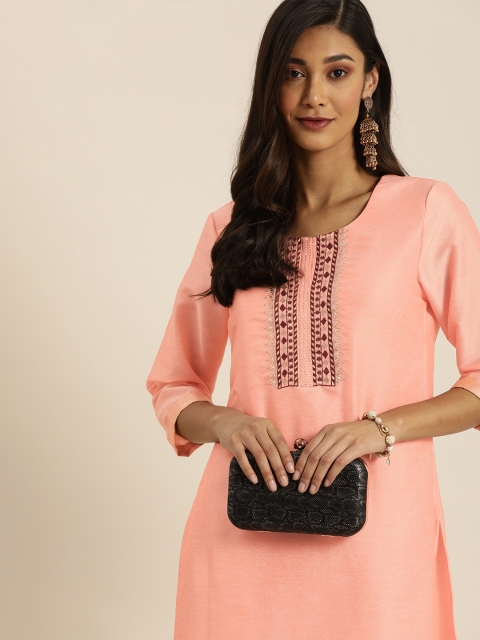 

all about you Women Peach-Coloured Yoke Design Thread Work Straight Kurta