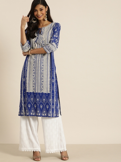 

all about you Women Blue & White Ethnic Motifs Printed Kurta