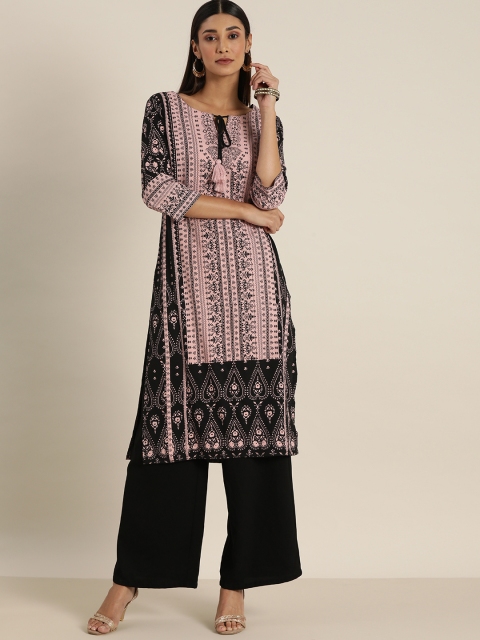 

All About You Women Black & Pink Ethnic Motifs Printed Kurta