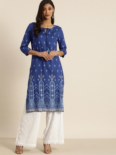 

all about you Women Blue & White Ethnic Motifs Printed Kurta
