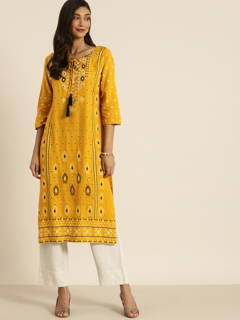 

all about you Women Mustard Yellow & White Ethnic Motifs Printed Kurta