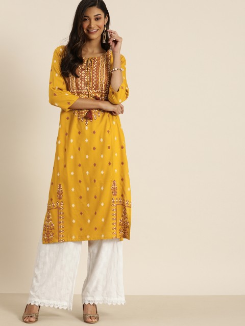 

all about you Women Mustard Yellow & White Ethnic Motifs Printed Kurta