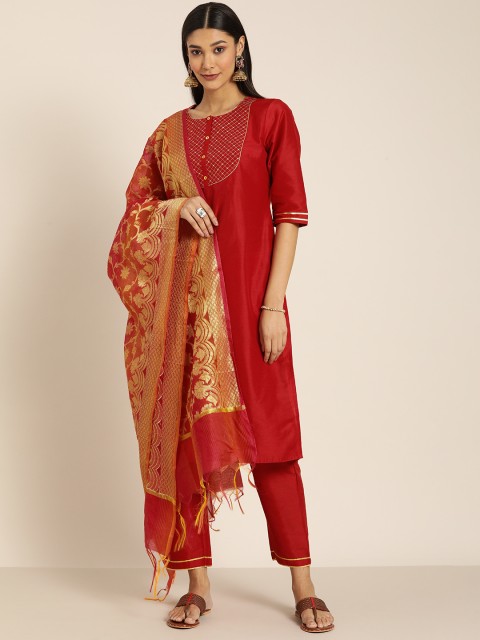 

all about you Women Red & Gold-Coloured Yoke Design Kurta with Trousers & Dupatta