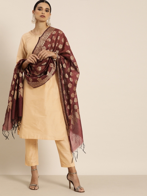 

all about you Women Beige Solid Kurta with Trousers & Woven Design Dupatta