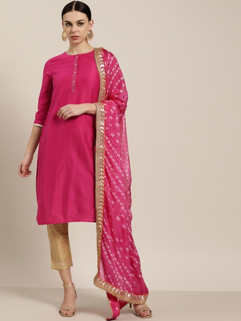 

all about you Women Magenta & Beige Solid Kurta with Trousers & Dupatta