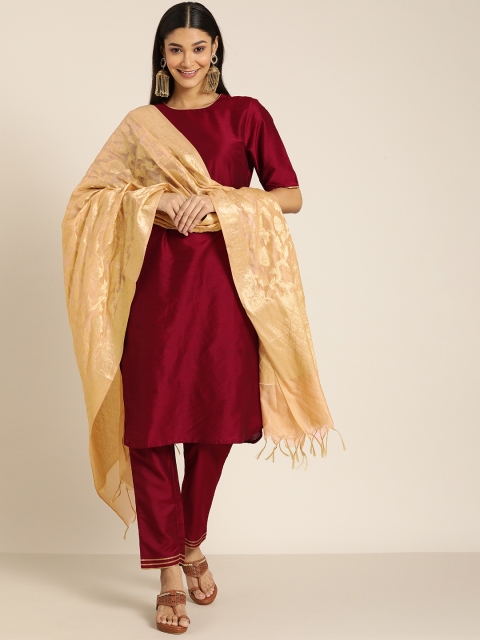 

all about you Women Maroon Solid Kurta with Trousers & Dupatta