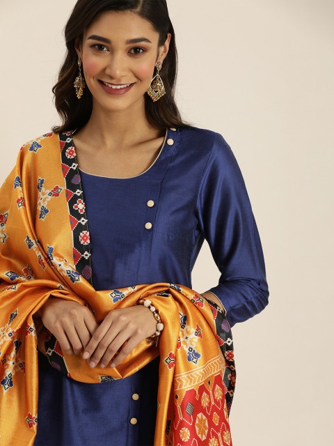 

all about you Women Navy Blue Solid Kurta with Trousers & Dupatta