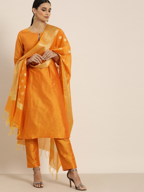 

all about you Women Mustard Yellow Solid Kurta with Trousers & Dupatta