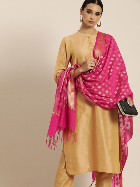 

all about you Women Beige Solid Kurta with Trousers & Woven Design Dupatta