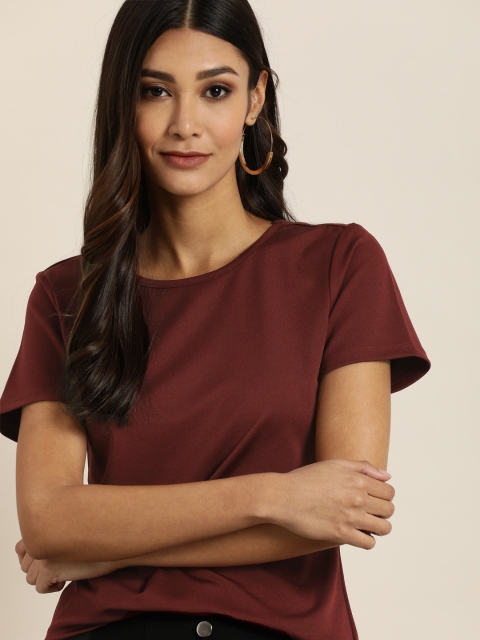 

all about you Women Burgundy Solid Round Neck T-shirt