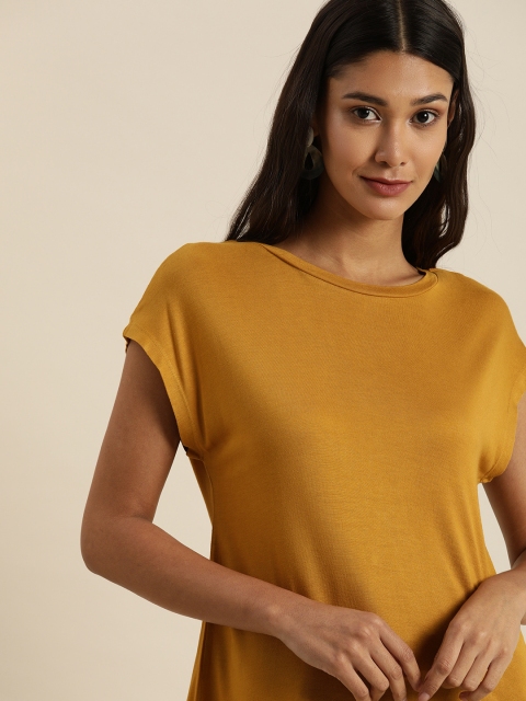 

all about you Women Mustard Yellow Extended Sleeves T-shirt