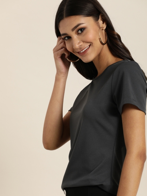

all about you Women Charcoal Grey Solid Round Neck T-shirt