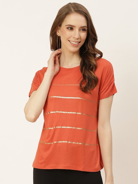 

all about you Women Orange & Golden Striped Drop-Shoulder Sleeves T-shirt