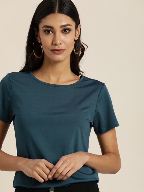 

all about you Women Teal Blue Solid Round Neck T-shirt