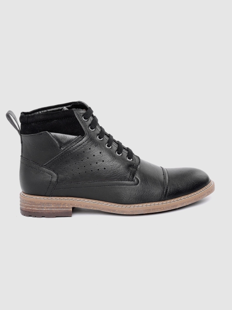 

Roadster Men Black Solid Mid-Top Flat Boots with Perforated Detail
