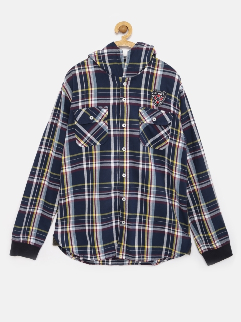 

GJ Unltd Jeans by Gini & Jony Boys Navy Checked Hooded Slim Shirt, Navy blue