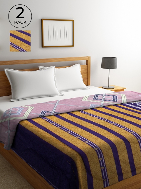 

KLOTTHE Yellow & Pink Striped Pack of 2 500 GSM Double Bed Sustainable Reversible Quilts