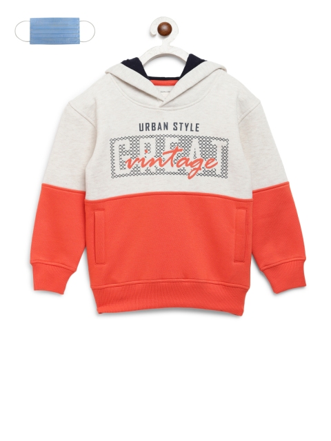 

Lil Tomatoes Boys Orange Off-White Printed Hooded Sweatshirt
