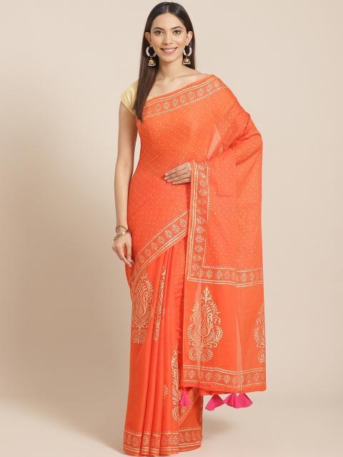 

Chokhi Bandhani Orange & Golden Pure Cotton Printed Saree