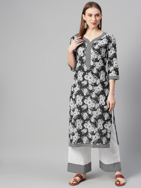 

ZIYAA Women Off-White & Black Printed Cotton Kurta with Palazzos