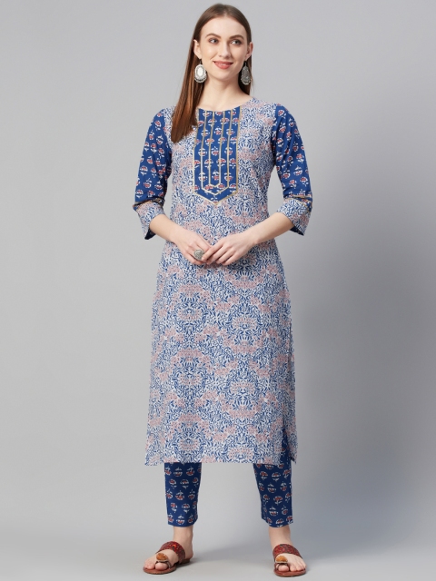 

ZIYAA Women Blue & Red Floral Screen Printed Pure Cotton Kurta Set