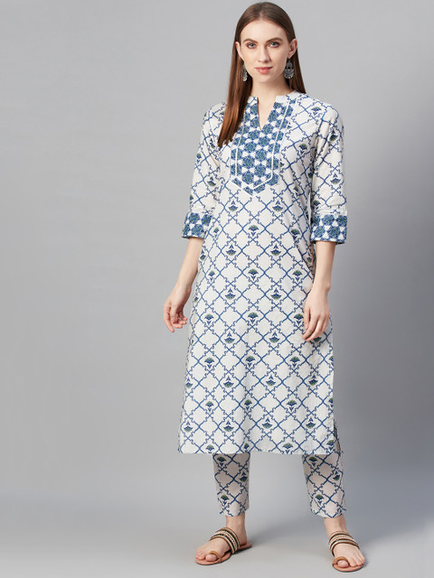 

ZIYAA Women Off-White Ethnic Motifs Screen Print Pure Cotton Kurta with Trousers