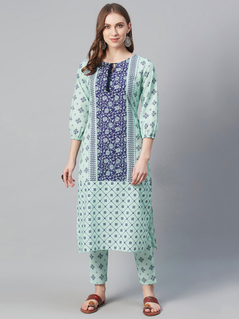 

ZIYAA Women Blue Pure Cotton Printed Kurta with Trousers