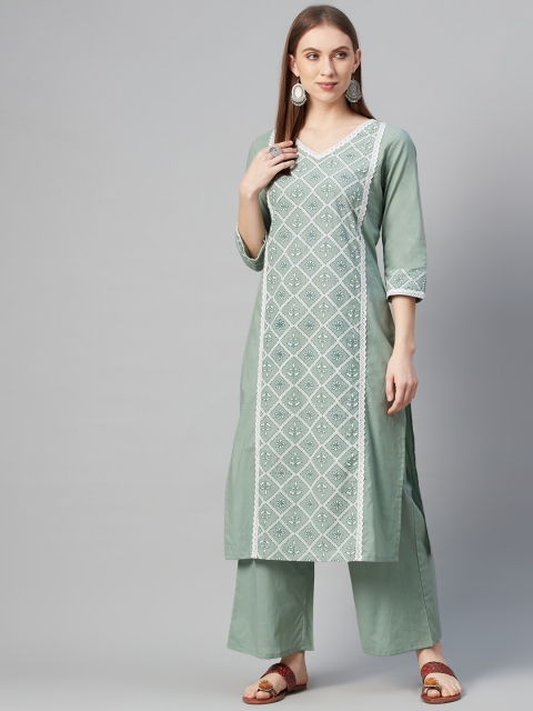 

ZIYAA Women Green & White Ethnic Motifs Screen Print Pure Cotton Kurta with Palazzos