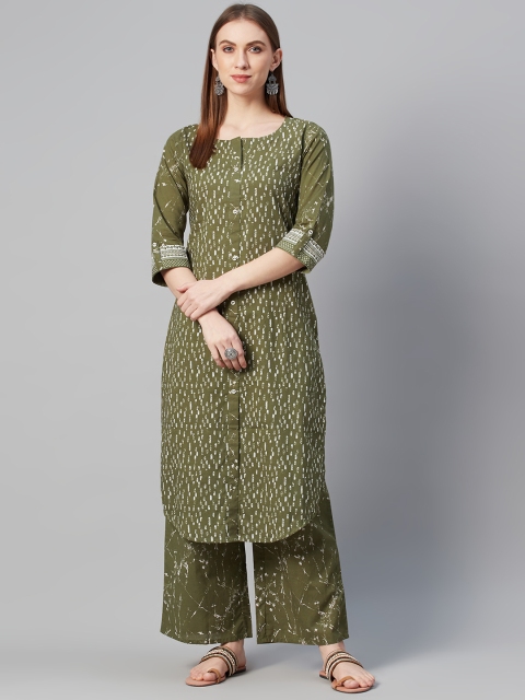 

ZIYAA Women Olive Green & White Screen Print Pure Cotton Kurta with Palazzos