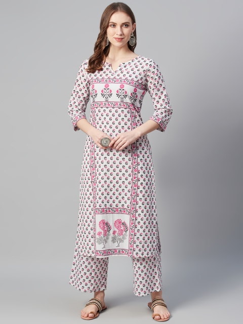 

ZIYAA Women White & Pink Cotton Floral Screen Printed Kurta with Palazzos