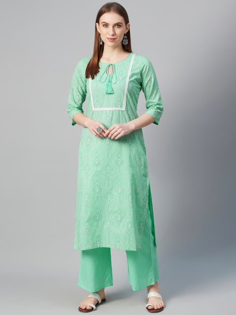 

ZIYAA Women Green & White Printed Cotton Kurta with Palazzos