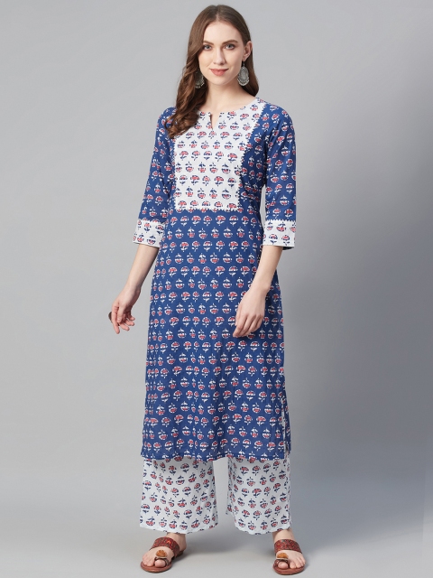 

ZIYAA Women Blue & White Printed Cotton Kurta with Palazzos