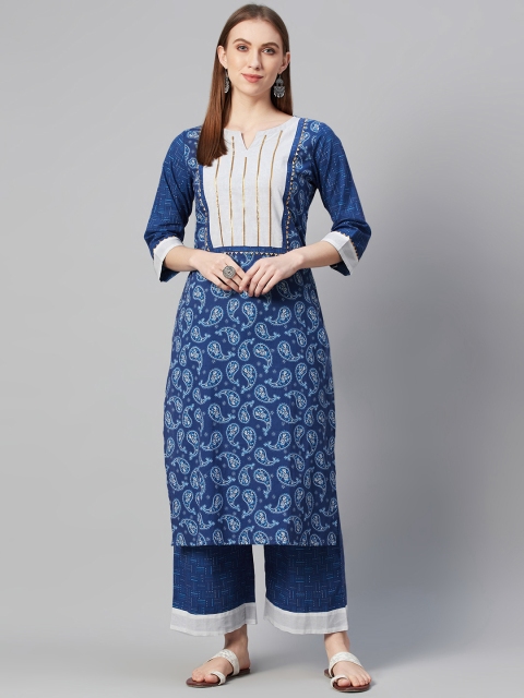 

ZIYAA Women Blue & White Printed Cotton Kurta with Palazzos