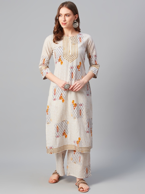 

ZIYAA Women Off-White & Beige Printed Pure Cotton Kurta with Palazzos