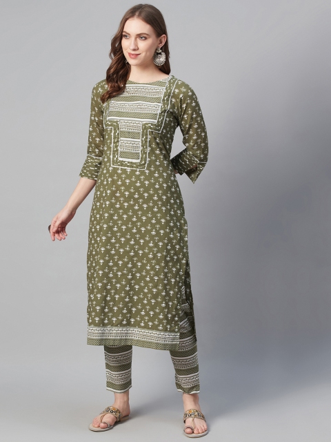 

ZIYAA Women Olive Green & Off-White Printed Cotton Kurta with Trousers