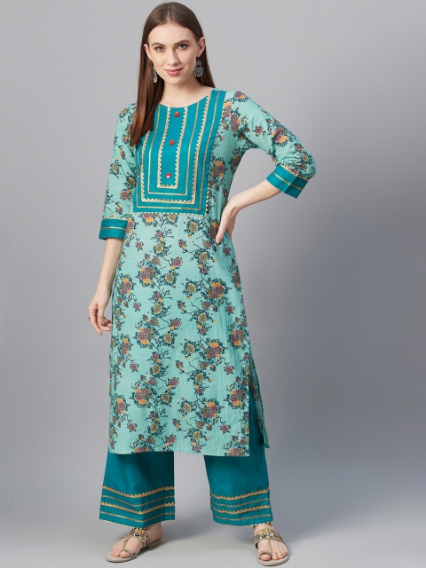 

ZIYAA Women Sea Green & Red Floral Screen Printed Pure Cotton Kurta Set