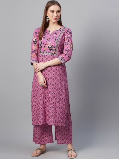 

ZIYAA Women Pink & Navy Blue Printed Pure Cotton Kurta with Palazzos
