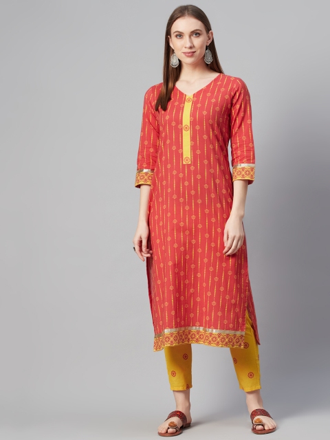 

ZIYAA Women Red & Mustard Ethnic Motifs Screen Print Pure Cotton Kurta with Trousers