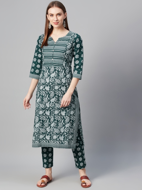 

ZIYAA Women Green & White Printed Cotton Kurta with Trousers