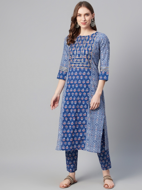 

ZIYAA Women Blue & White Cotton Screen Printed Kurta with Trousers