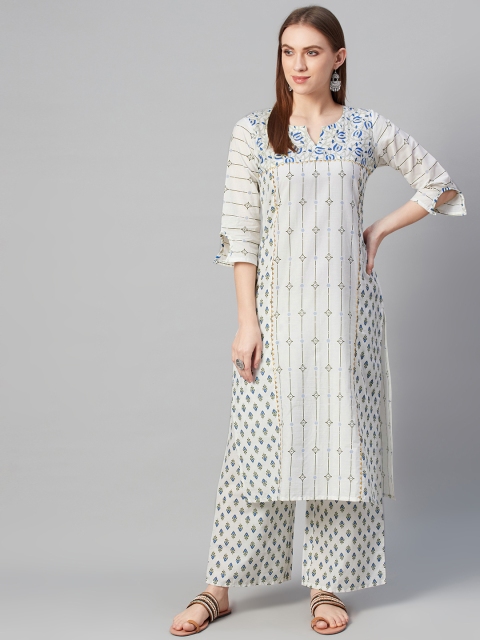 

ZIYAA Women White & Blue Pure Cotton Printed Kurta with Palazzos