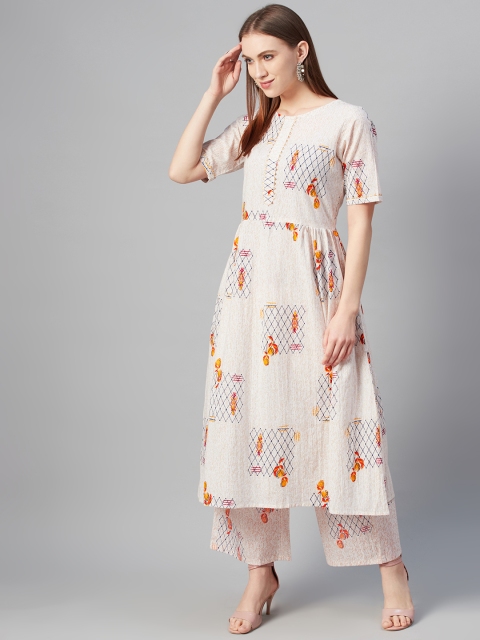 

ZIYAA Women Beige & Navy Blue Pure Cotton Printed Kurta with Palazzos
