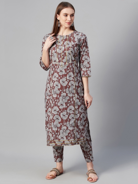 

ZIYAA Women Brown & White Pure Cotton Floral Print Kurta with Trousers