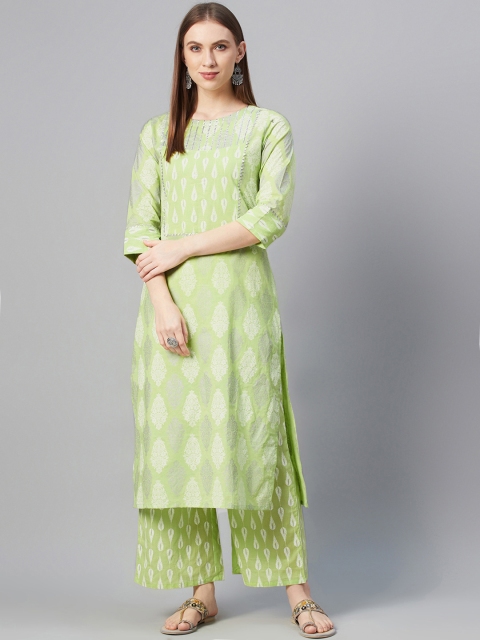

ZIYAA Women Green & Off-White Pure Cotton Printed Kurta with Palazzos