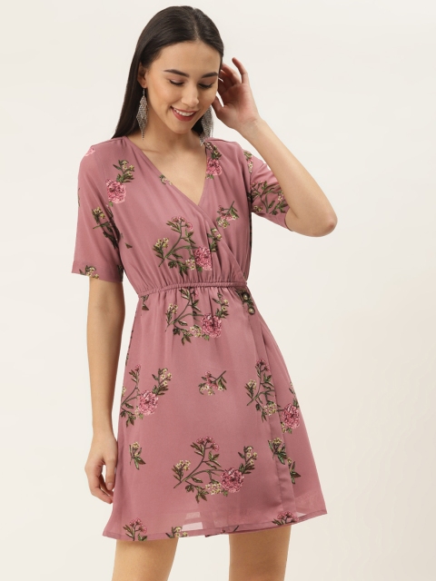 

Trend Arrest Women Mauve & Green Floral Print Wrap Dress