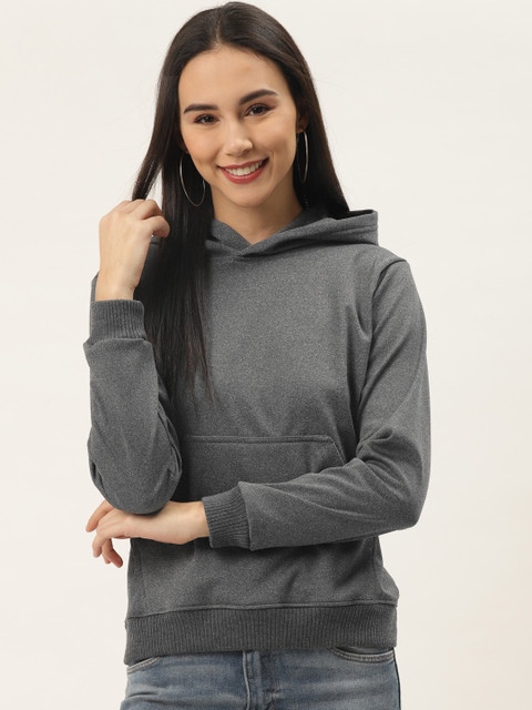 

Trend Arrest Women Charcoal Grey Solid Hooded Sweatshirt
