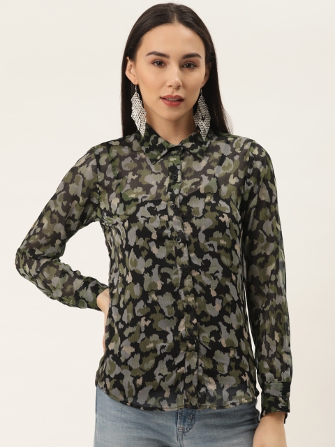 

Trend Arrest Women Olive Green & Black Printed Sheer Shirt