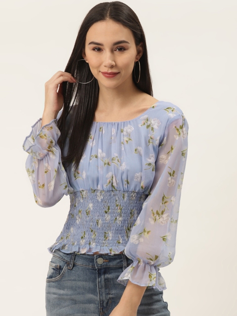 

Trend Arrest Women Blue & White Floral Print Smocked Cinched Waist Top